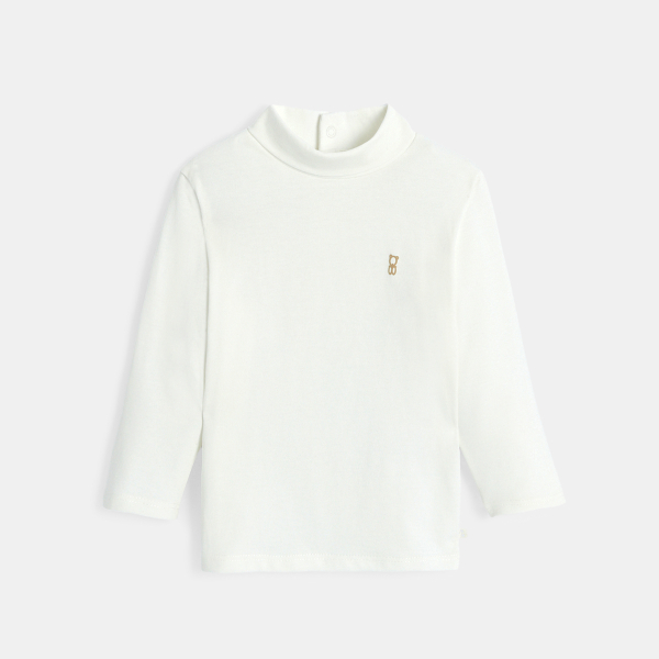 تيشيرت برقبة عالية وأكمام طويلة باللون الأبيض للأولاد الصغار